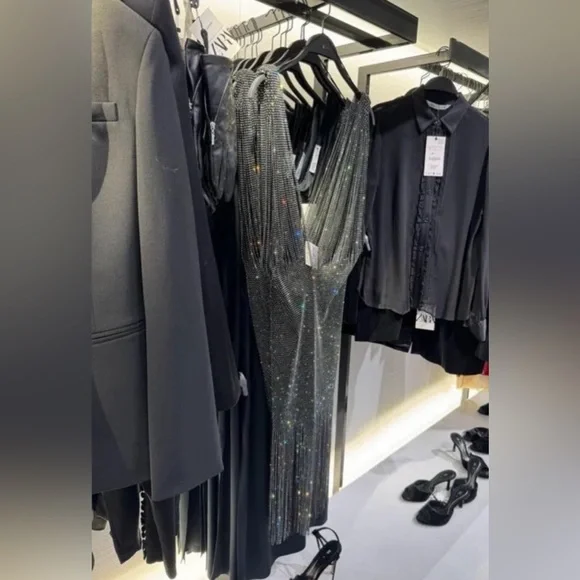 ZARA NEW WOMAN JEWEL WATERFALL DRESS WITH RHINESTONES SILVER - Picture 7 of 14